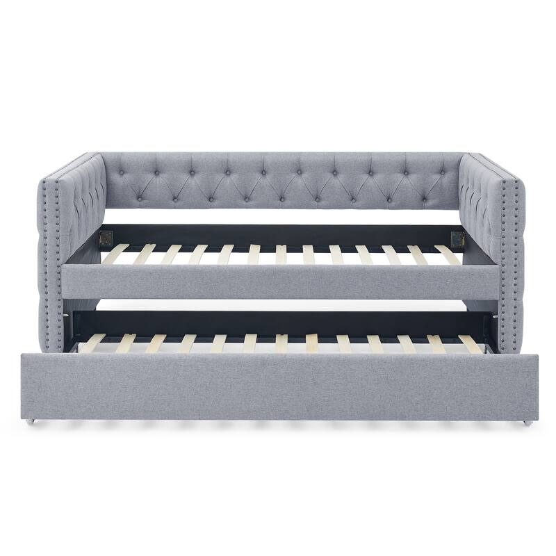 Trundle Upholstered Tufted Sofa Bed,with Button and Copper Nail on Square Arms,both Twin Size