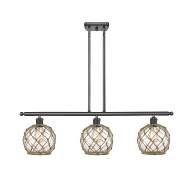 Innovations Lighting Farmhouse Rope 3 Light 36" Wide Linear Chandelier - Matte Black / Clear Glass with Brown Rope