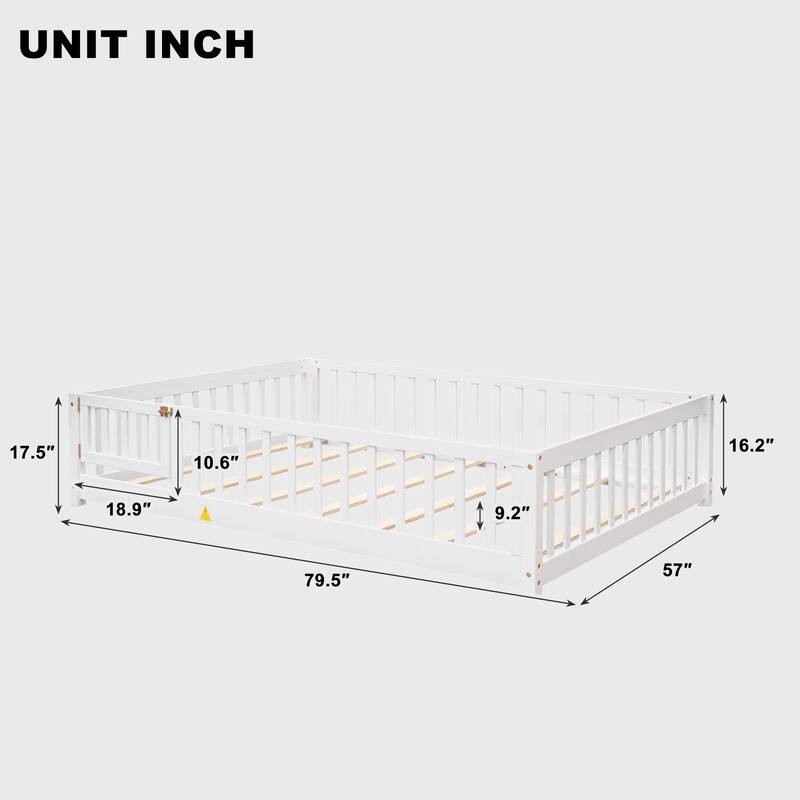 Full size Floor Platform Bed with Fence and Door