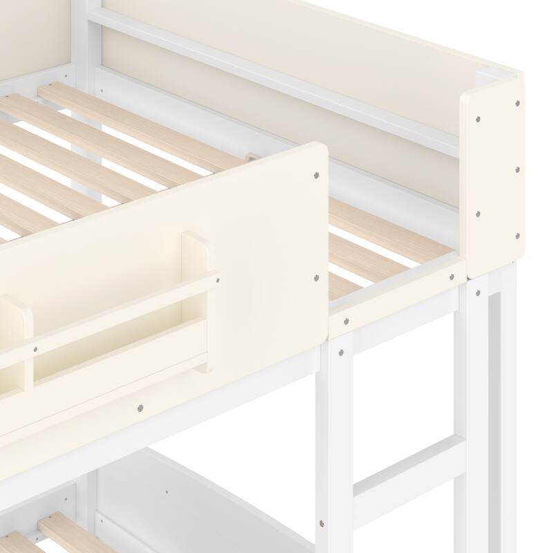 Kids Bed Wooden Bunk Bed with Trundle and Built-in Storage Bookshelves