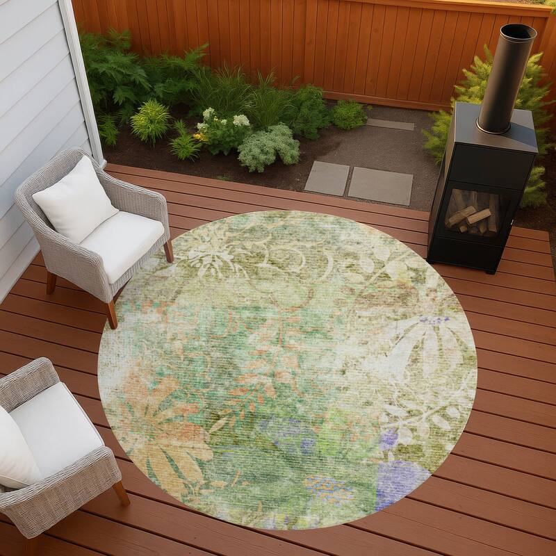 Machine Washable Indoor/ Outdoor Modern Floral Chantille Rug - Green - 8' x 8'