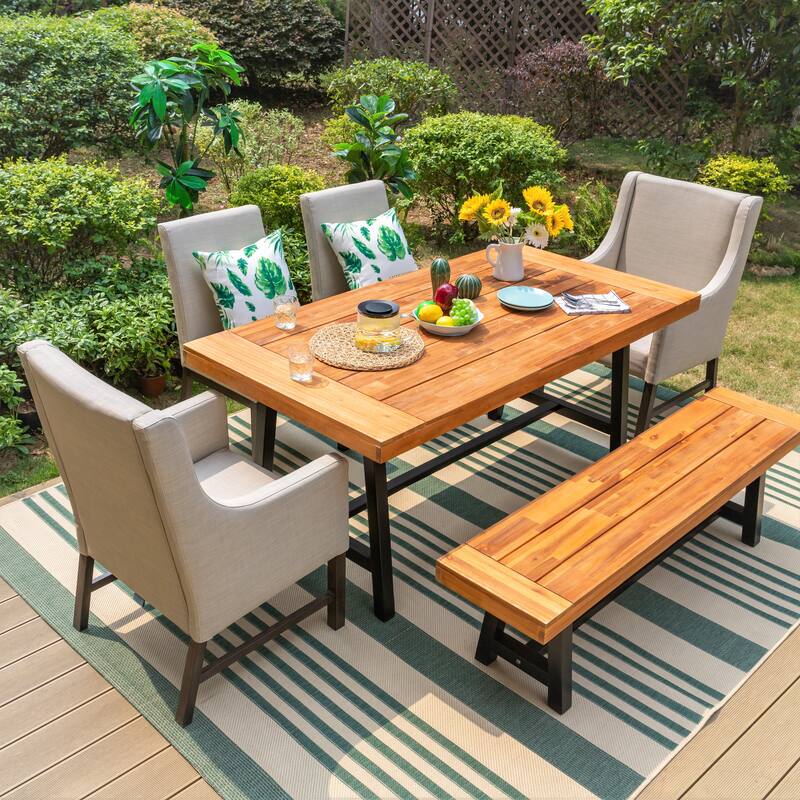 MAISON ARTS MAISON ARTS 6 Piece Outdoor Patio Dining Set,1 Acacia Wood Table & 4 Cushioned Rattan Chairs