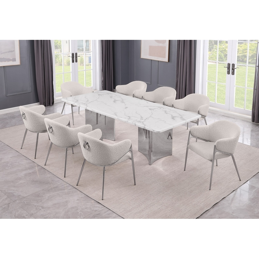 Best Quality Furniture White Marble 9pc Dining Set Boucle Fabric