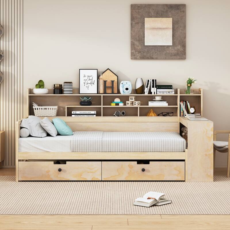 Wooden Daybed with Storage Shelves, Multi-functional Bed with Two Storage Drawers and Study Desk