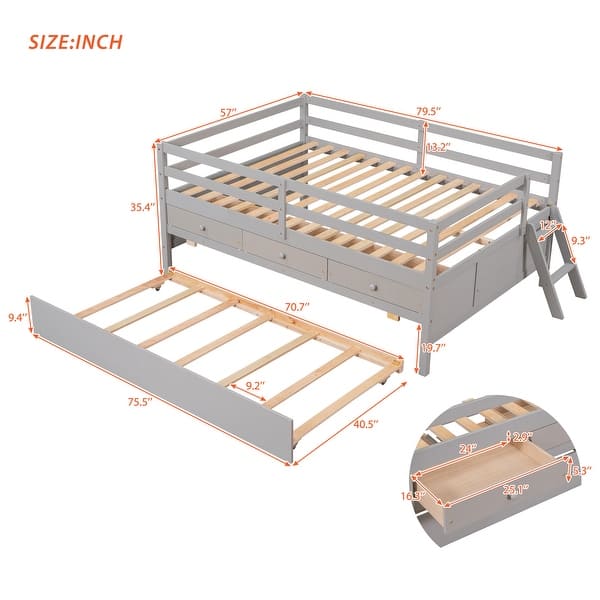 Full Size Low Loft Bed with Full Safety Fence, Climbing Ladder, Storage Drawers and Trundle