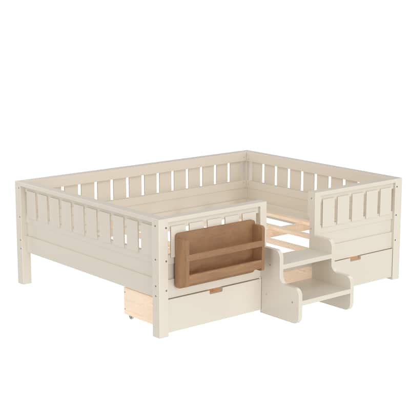 Full/Twin Loft Bed with Storage Drawers, Safety Staircase & Rails