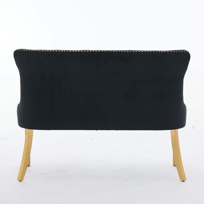 Velvet Double Dining Loveseat Bench, 2-Seat Tufted Bench w/Handmade Buttons, Wing Back, Gold-Plated Steel Legs, Single Pack