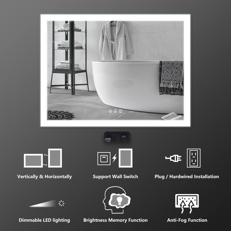 LED Bathroom Vanity Mirror Wall Mounted Dimmable Anti-Fog Mirror with 3 Buttons Vertical & Horizontal Hang