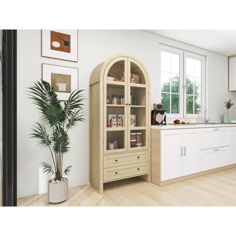 70.28" Tall Arched Kitchen Pantry, Modern Farmhouse Wood Kitchen Storage Cabinets ,Arched Storage Display Cabinet