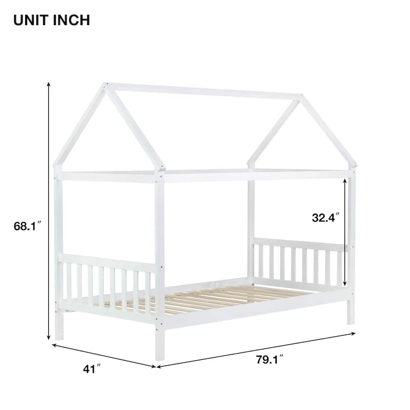 Twin Size House Bed with Headboard and Footboard, Underbed Storage - Rubberwood House-shaped Bed Frame for Children's Room