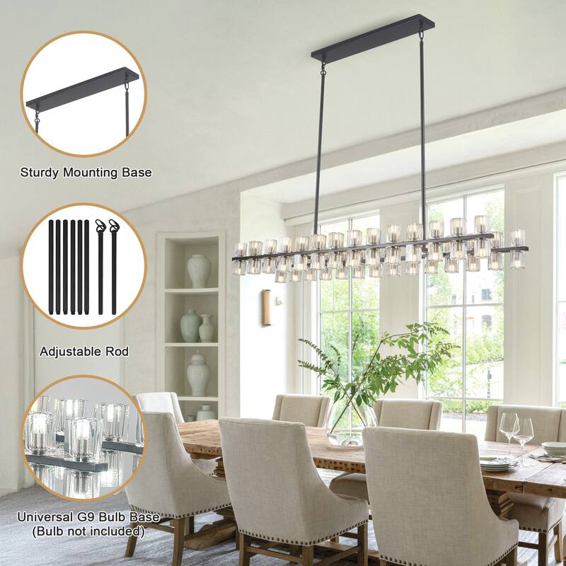 57.09-inch 56-light modern and stylish linear metal chandelier with crystal lampshades