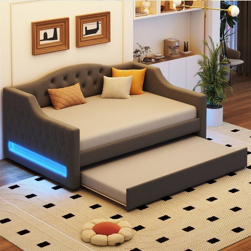 Full XL Size Daybed with LED Belt and Trundle, Upholstered Daybed Frame Sofa Bed with Button Tufted Design and Slats Support - Grey