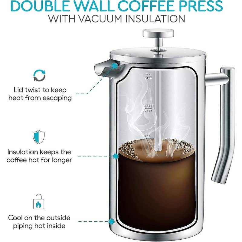 French Press Coffee Maker – Insulated Coffee Press Stainless Steel 304 – Coffee Spoon, Double Wall, & 4 Level Filtration System