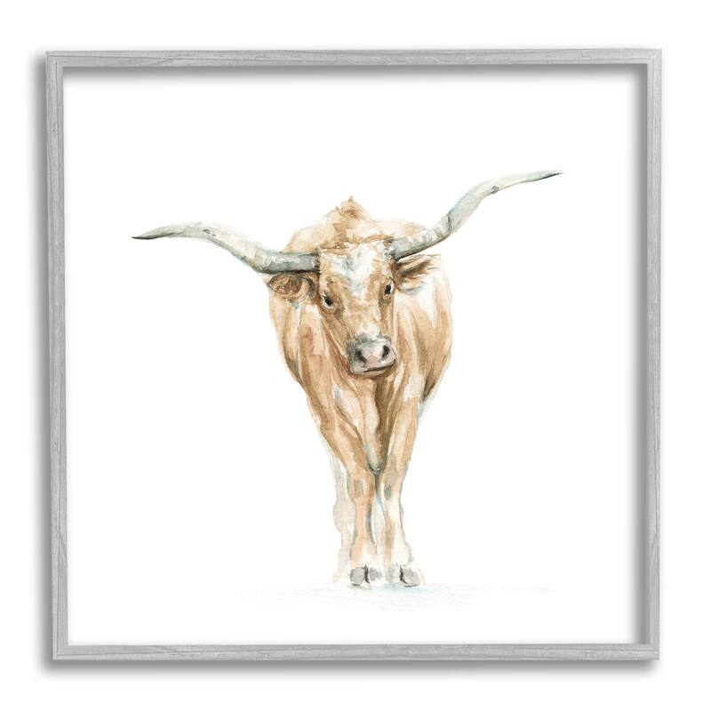 Stupell Longhorn Cattle Watercolor Portrait Children's Wild Animal Framed Wall Art - Yellow - 24 x 24 - Grey