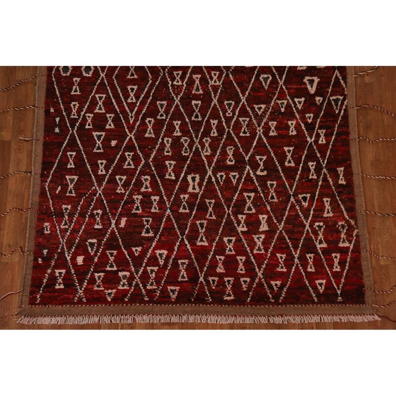 Hand Knotted Oriental 100% Wool Carpet Tribal Trellis Red Moroccan Area Rug - 8' 3'' X 5' 7''