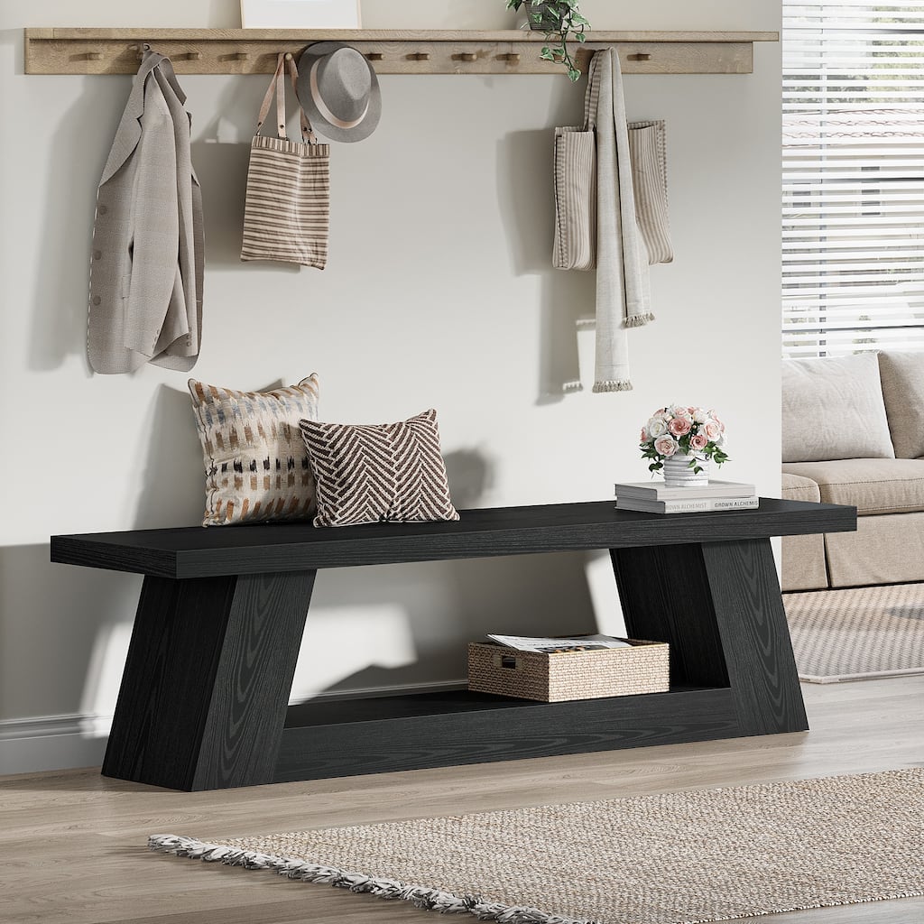 63" Extra Long Wooden Entryway Bench, 2-Tier Storage Shelf Hallway Seating Bench for Living Room, Bedroom, Kitchen