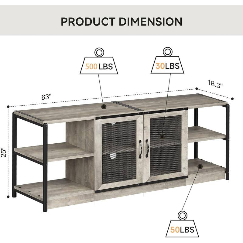 Entertainment Center TV Media Console Cabinet with Mesh Door - 18.3"D x 63"W x 25"H