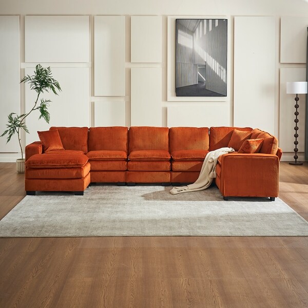 Orange Corduroy U Shaped 6 seat Modular Sectional Sofa with Ottoman On Sale Bed Bath Beyond 40874412