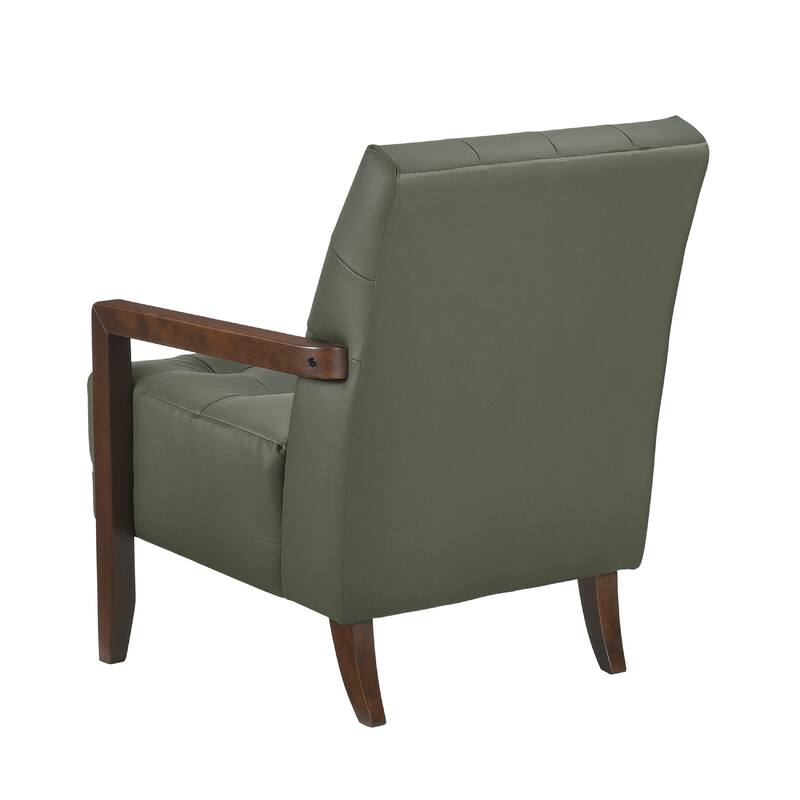 Lenie Accent Armchair, Button Tufted Green Leather, Walnut Brown Wood