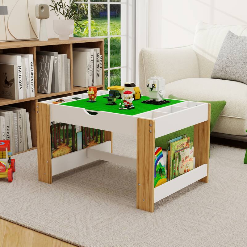 Anmytek Modern Kids 2 in 1 Play Table with 7 Storage Compartments for Building Blocks White - Green/White