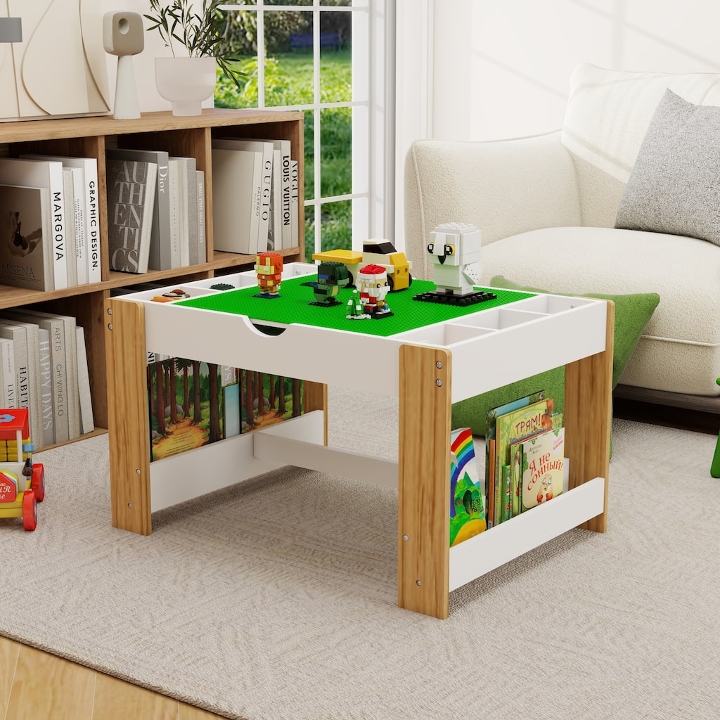 Anmytek Modern Kids 2 in 1 Play Table with 7 Storage Compartments for Building Blocks White