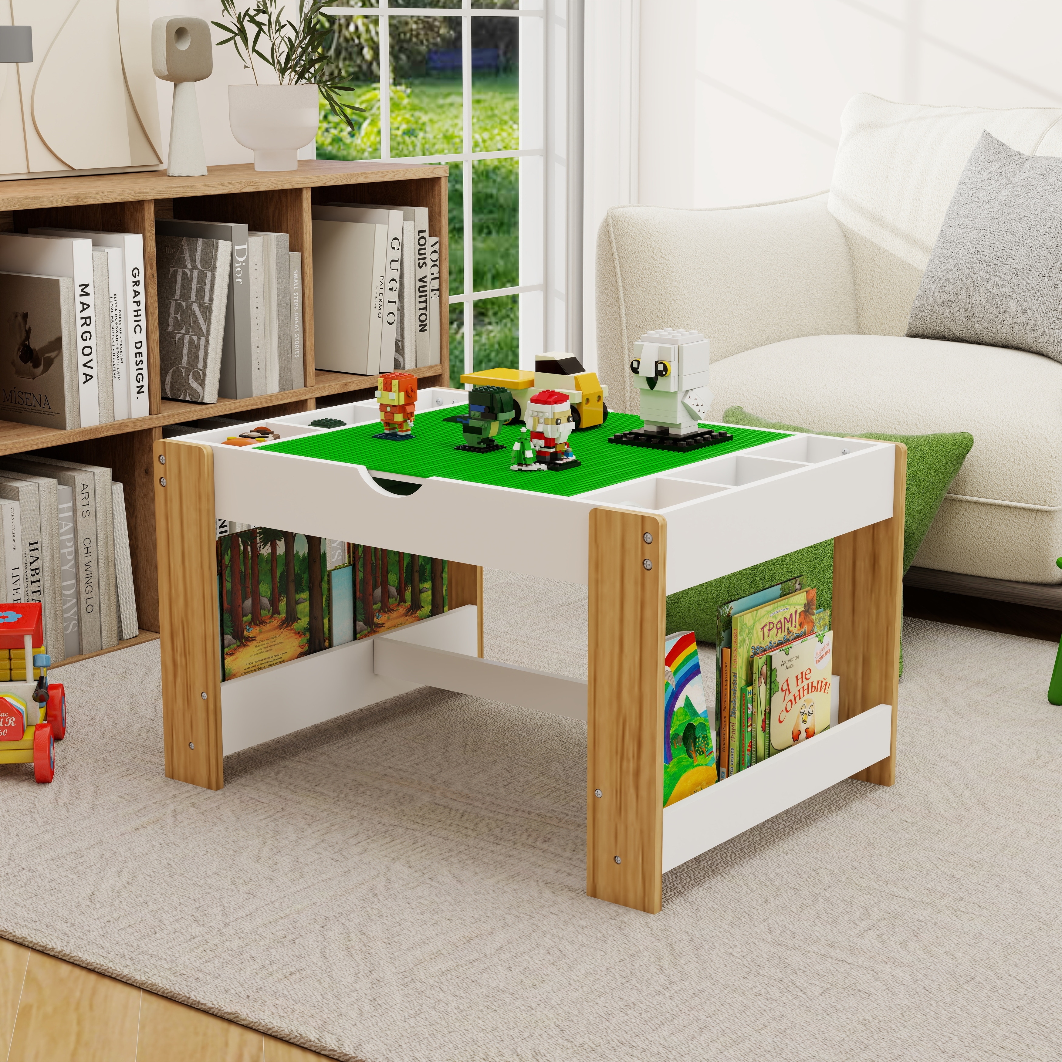 Kids 2 In 1 Play Table With 7 Storage Compartments,Compatible With Building Block,Modern Activity Learning Table