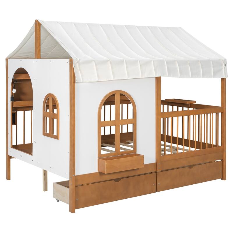Kids Fence Platform Bed Full Size House Bed with Tent, Bookshelf, Light Strip, Charging Station, Shelves and Storage Drawers