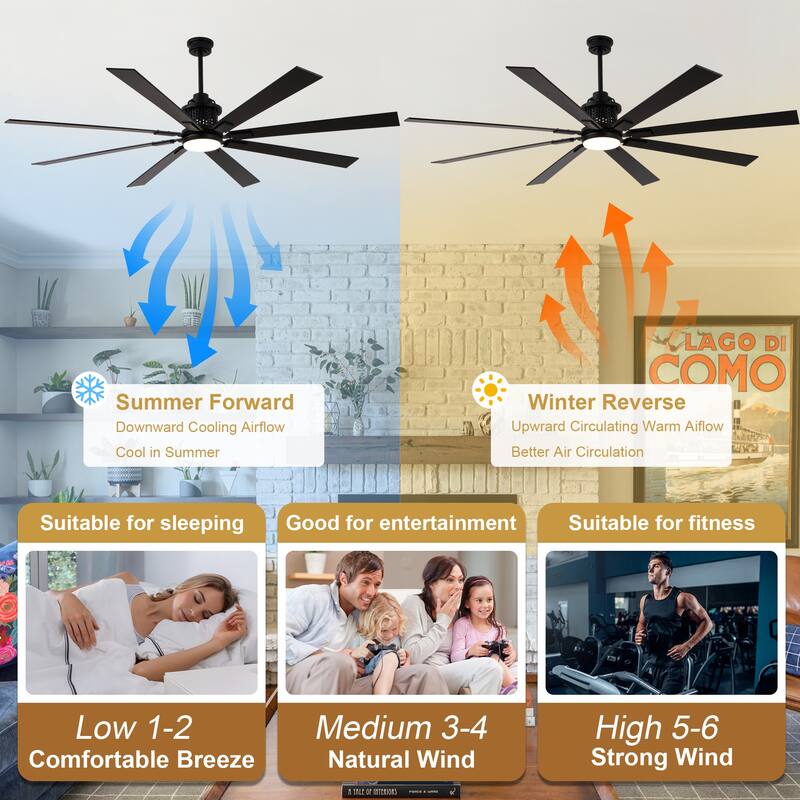 Cusp Barn 72 Inch Indoor/Outdoor Black Modern Large Ceiling Fan with Lights and Remote, Reversible Quiet DC Motor Ceiling Fan