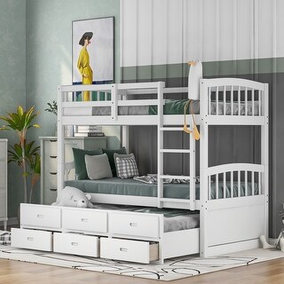 Nestfair Twin Over Twin Wood Bunk Bed with Trundle and Drawers