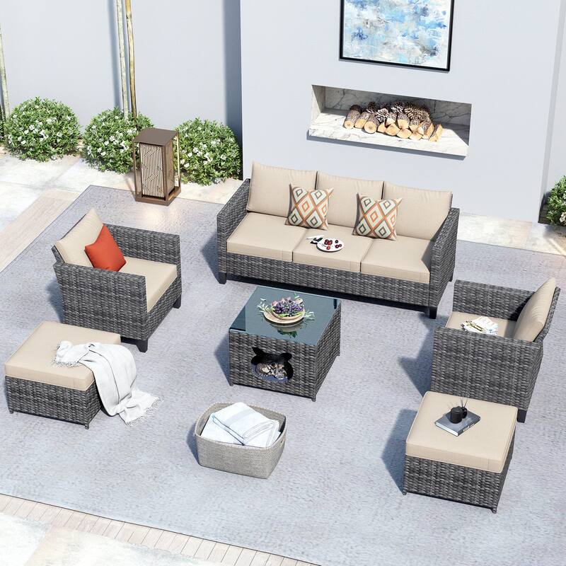 OVIOS 6-piece Patio Wicker Conversation Sectional Set With Cat Head-shaped Storage Table - Beige