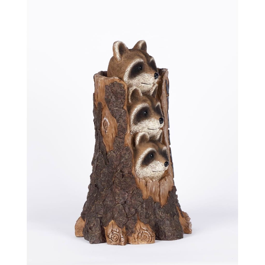 17" Brown Black Three Raccoons a Tree Trunk Welcome Sign Garden Statue