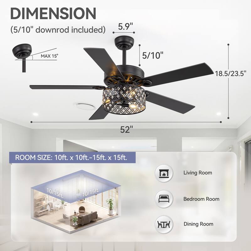 52-inch Reversible 5-Blade Crystal Caged Ceiling Fan with Light and Remote