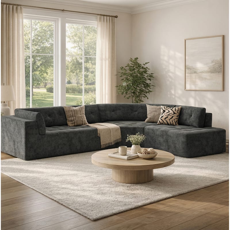 Christopher Knight Home - Modern L-Shaped Corner Sectional Sofa, Fully Upholstered Arms, Curved Right-Hand Facing, Tufted Design - Grey