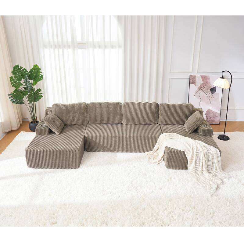 130" U-Shaped Corduroy Sectional Sofa with Cup Holders, No Assembly Required - Brown