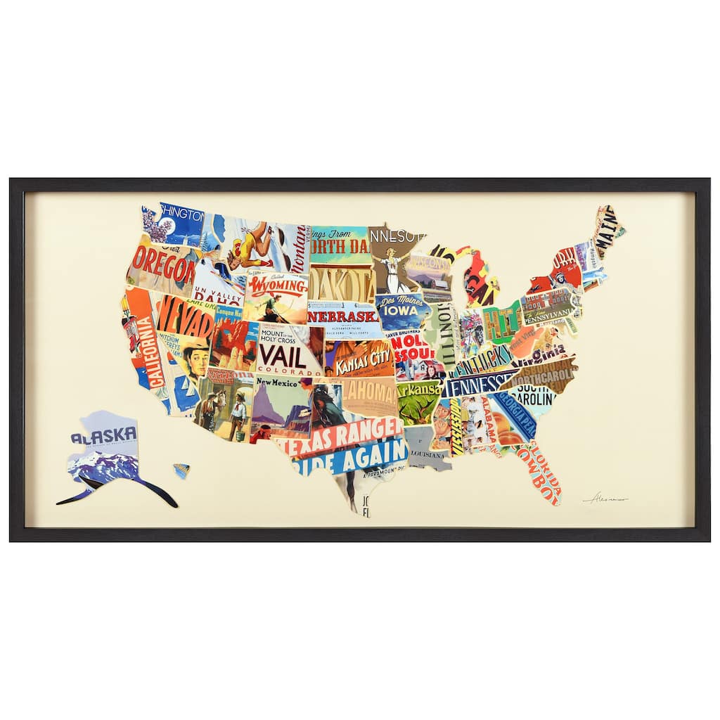 Empire Art "Across America" Alex Zeng's dimensional collage, under glass & a black shadow box frame
