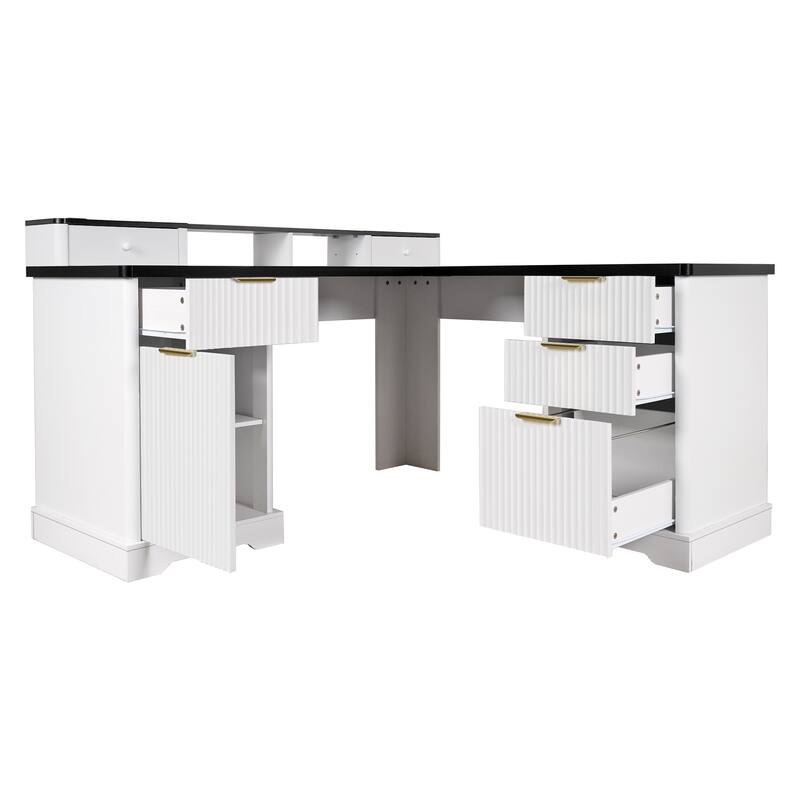 Roomfitters 59" Modern Fluted L-Shaped Desk with Charging Station, Monitor Stand & File Drawer