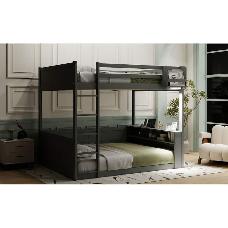 Queen Size Wooden Bunk Bed with Shelves, Storage Box, LED Light, and USB Charging Station, Grey