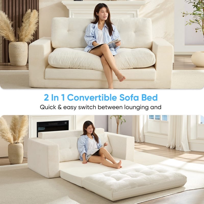Mixoy 71'' 2-in-1 Convertible Futon Loveseat Sofa Bed,Corded Fabric Foldable Tufted Buttons 2-Seater Sleeper Sofa