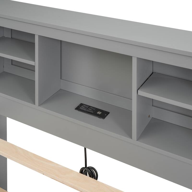 Wooden Platform Bed with Headboard Storage, Trundle and 3 Drawers, Charging Station, Wood Slats Support