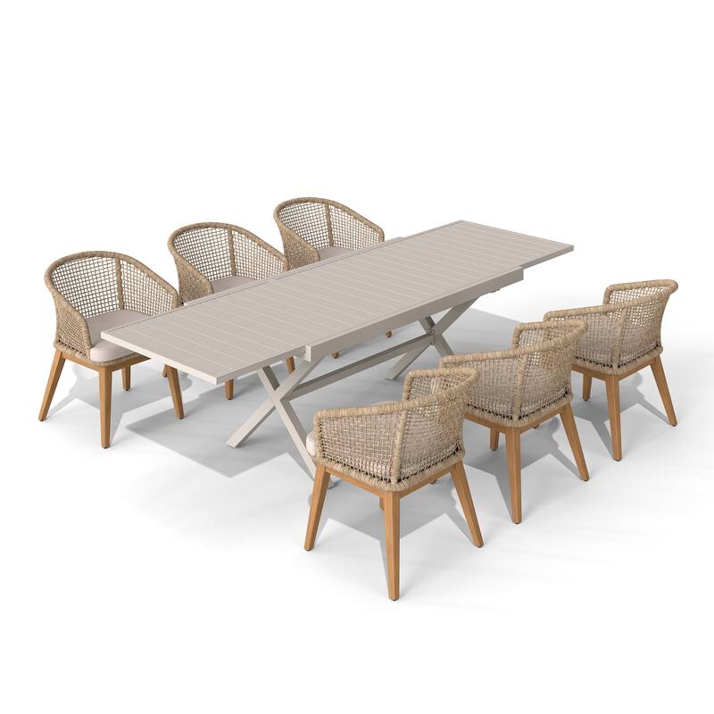 Expandable Aluminum Outdoor Dining Table with 6 Rope Woven Chairs