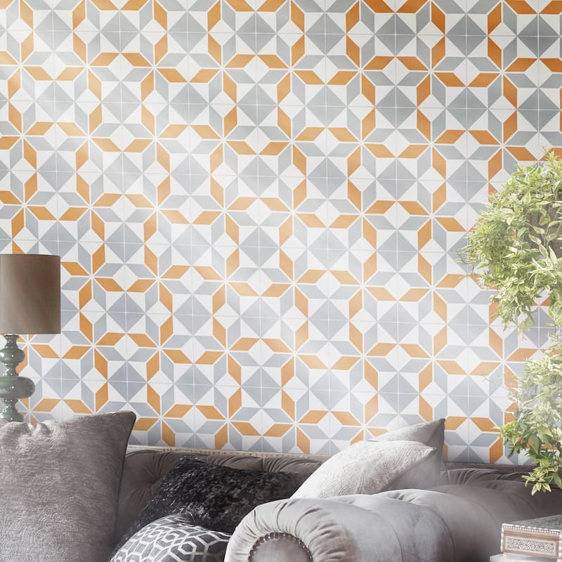 Assila Handmade Cement Tile, 8x8, Orange-Grey