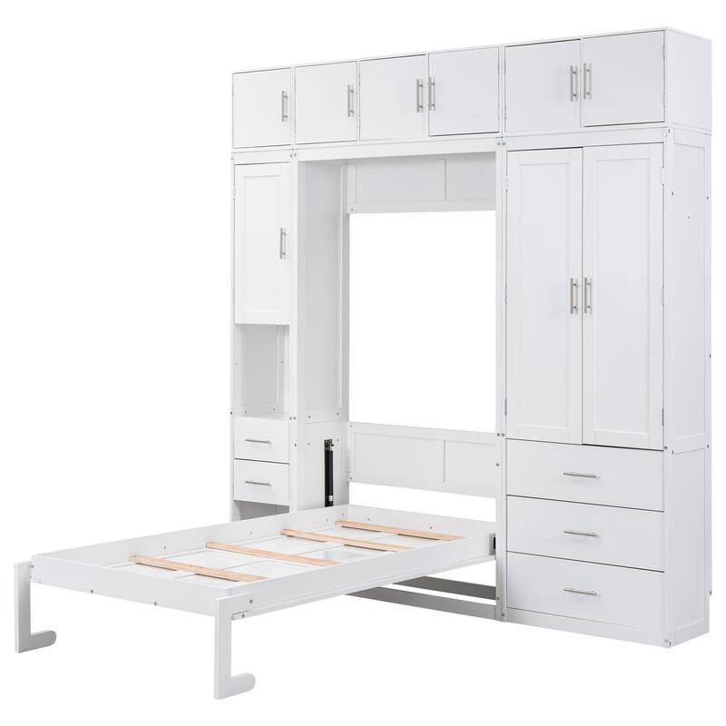 Space-Saving Twin Murphy Bed with Lockers and Wardrobes, White