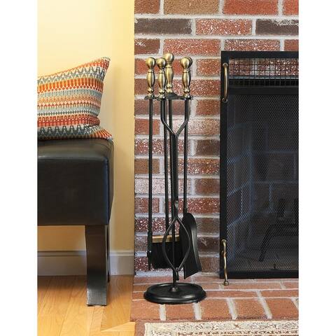 Minuteman International Sutton Set of 4 Fireplace Tools, 30 Inch Tall, Black and Antique Brass