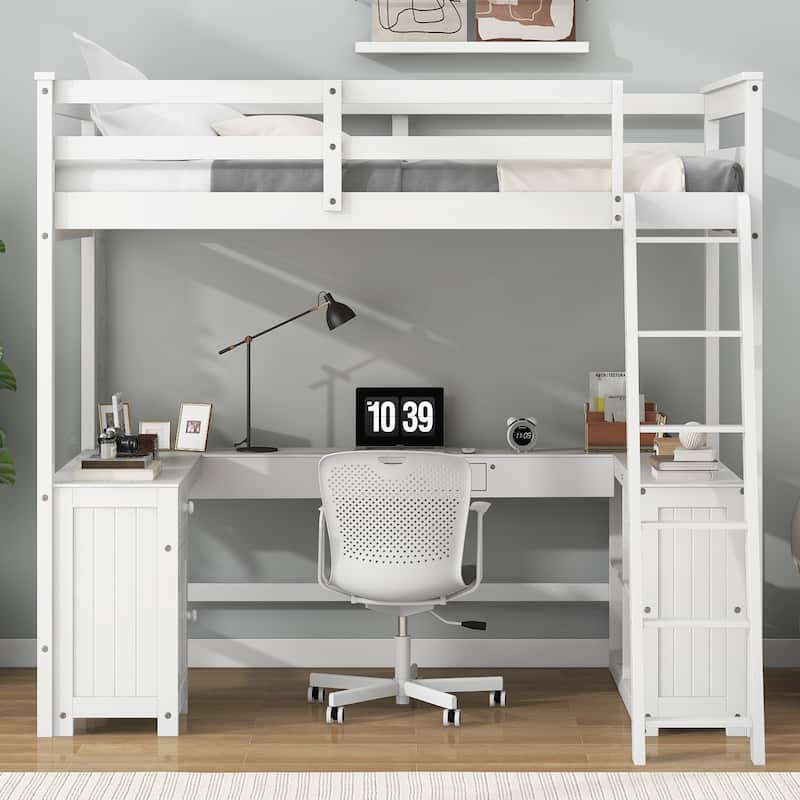 Full Loft Bed with U-Shaped Desk, Storage Drawers, Shelves, and Guardrails, Perfect for Kids and Teens, No Box Spring Needed