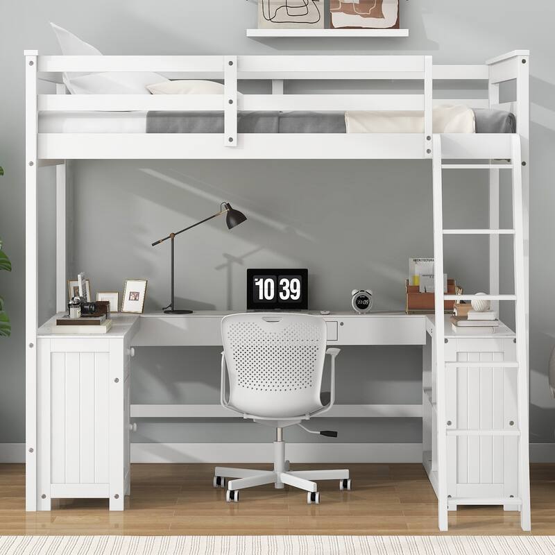 Full Size Loft Bed with U-shaped Desk, Drawers, and Storage Shelves in White