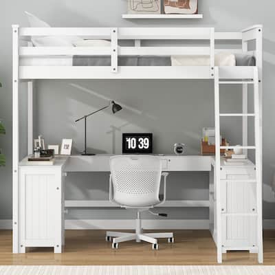 Full Size Loft Bed with U-shaped Desk and Storage Shelves