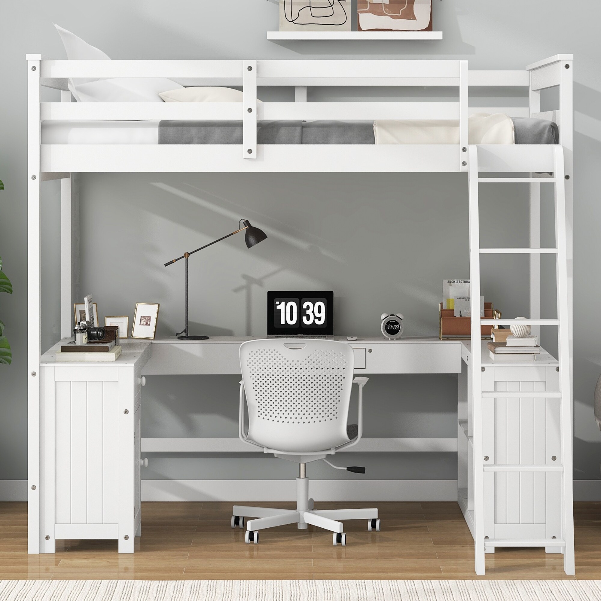 White full size loft bed with desk discount
