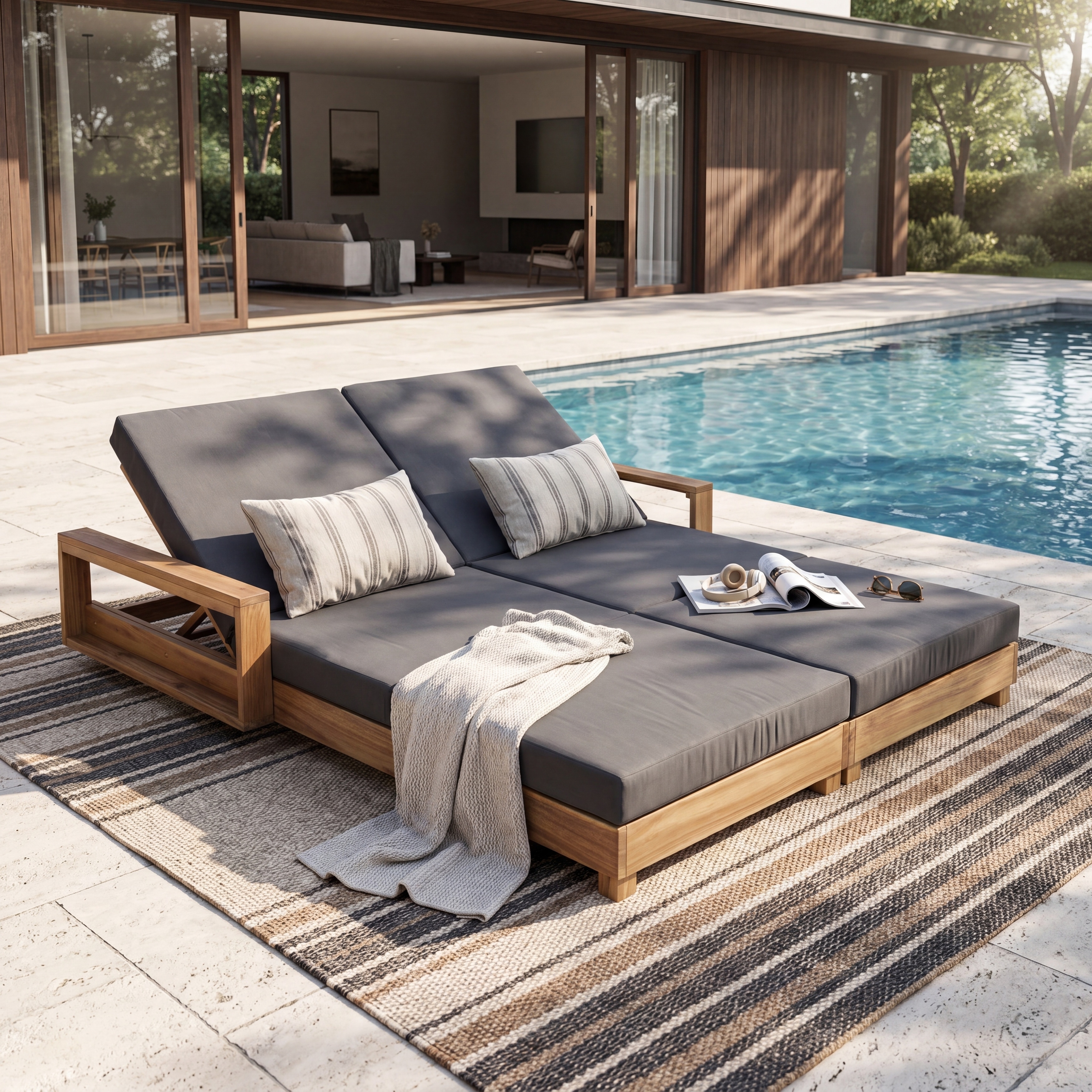 Christopher Knight Home - Outdoor Double Acacia Wood Chaise Lounge with Dual Adjustable Backrests and 4 Inch Cushions