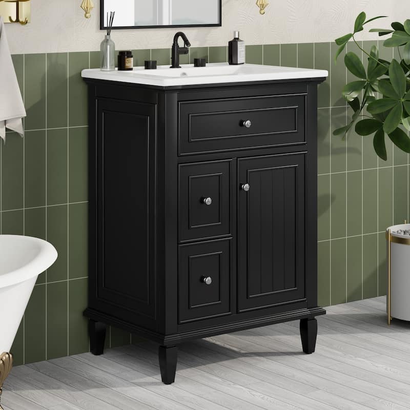 24" Bathroom Storage Vanity Cabinet with Ceramic Sink and Flip Drawer