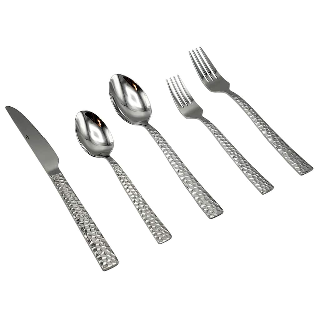 Elyon Hammered Reflective Silver 20, 40, 60 Piece Flatware Set Stainless Steel Service For 4, 8, 12